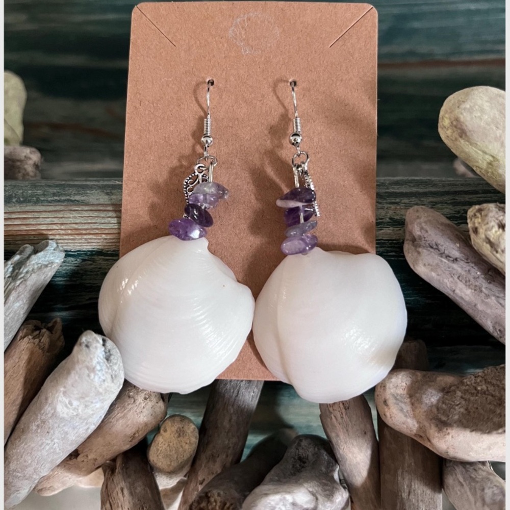 Handmade White and Purple Shell Earrings